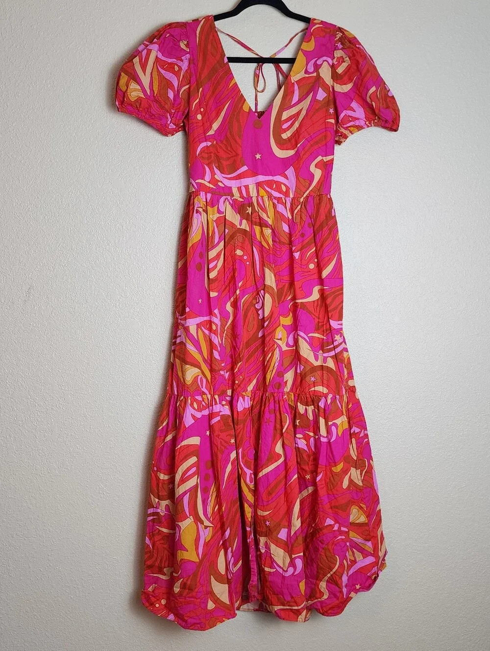1. STATE Pink Abstract Print Open Back Midi Dress | Puff Sleeve Cotton | Medium - Picture 2 of 10